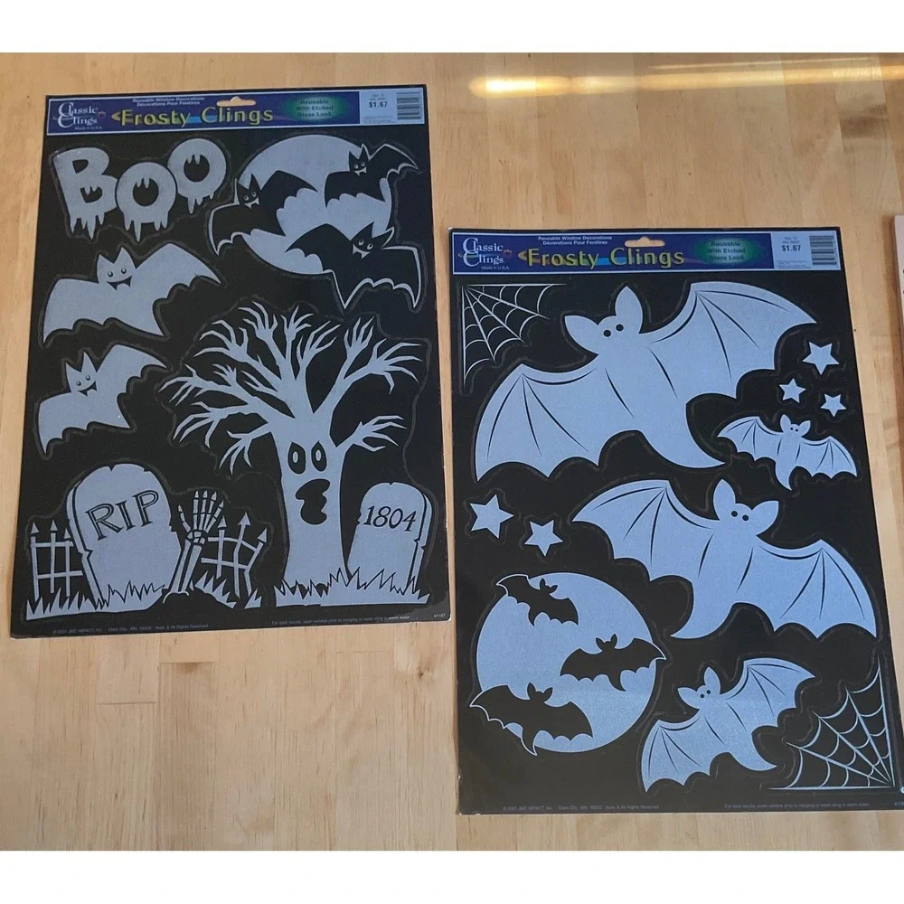 Vintage 2001 Classic Clings Frosty Clings Halloween Window Decals Bats Tree RIP